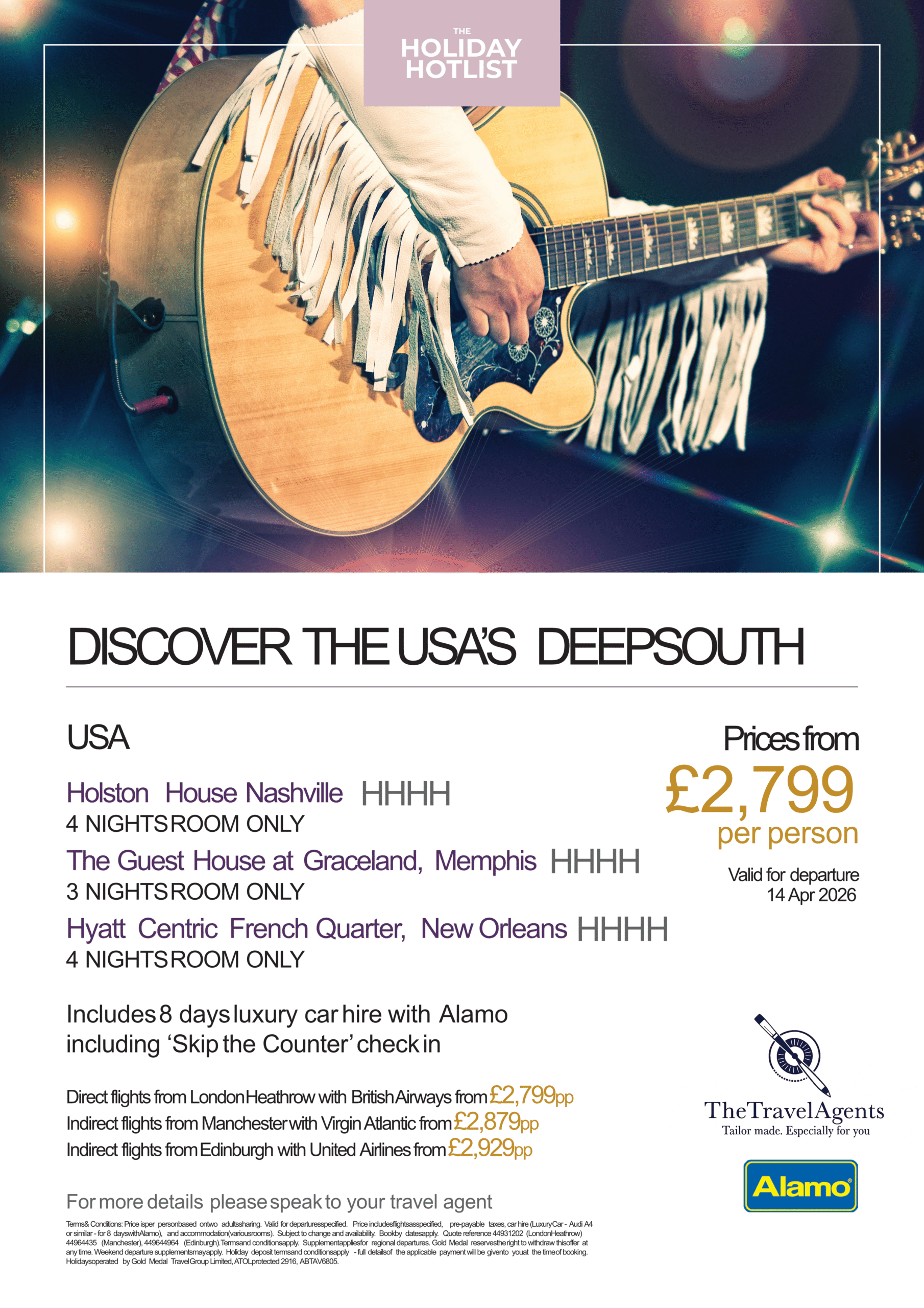 Memphis, Nashville and New Orleans. 3 centre holiday.